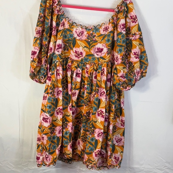 Topshop Orange Floral Three Quarter Inch Puffed Sleeve Mini Dress Size 12 - Picture 4 of 10